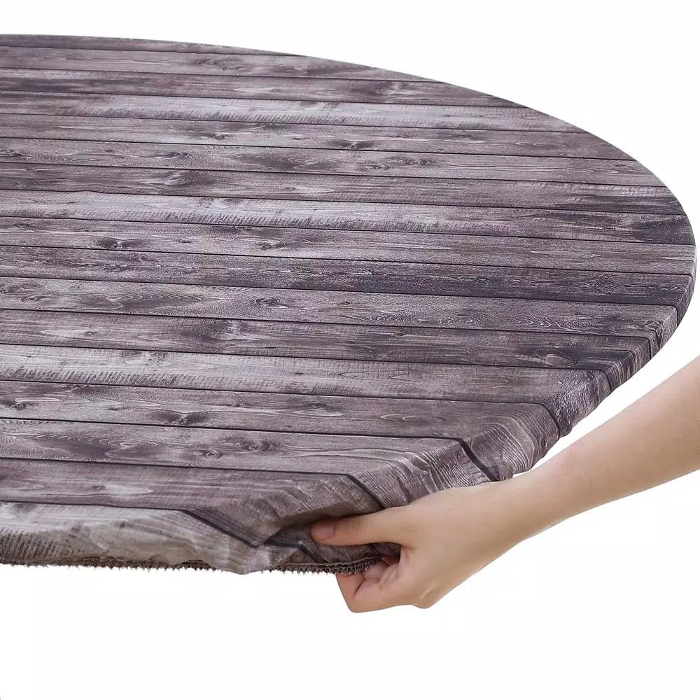 Brielle Home 42" Round Cotton Fitted Table Cover, Distressed Wood Print