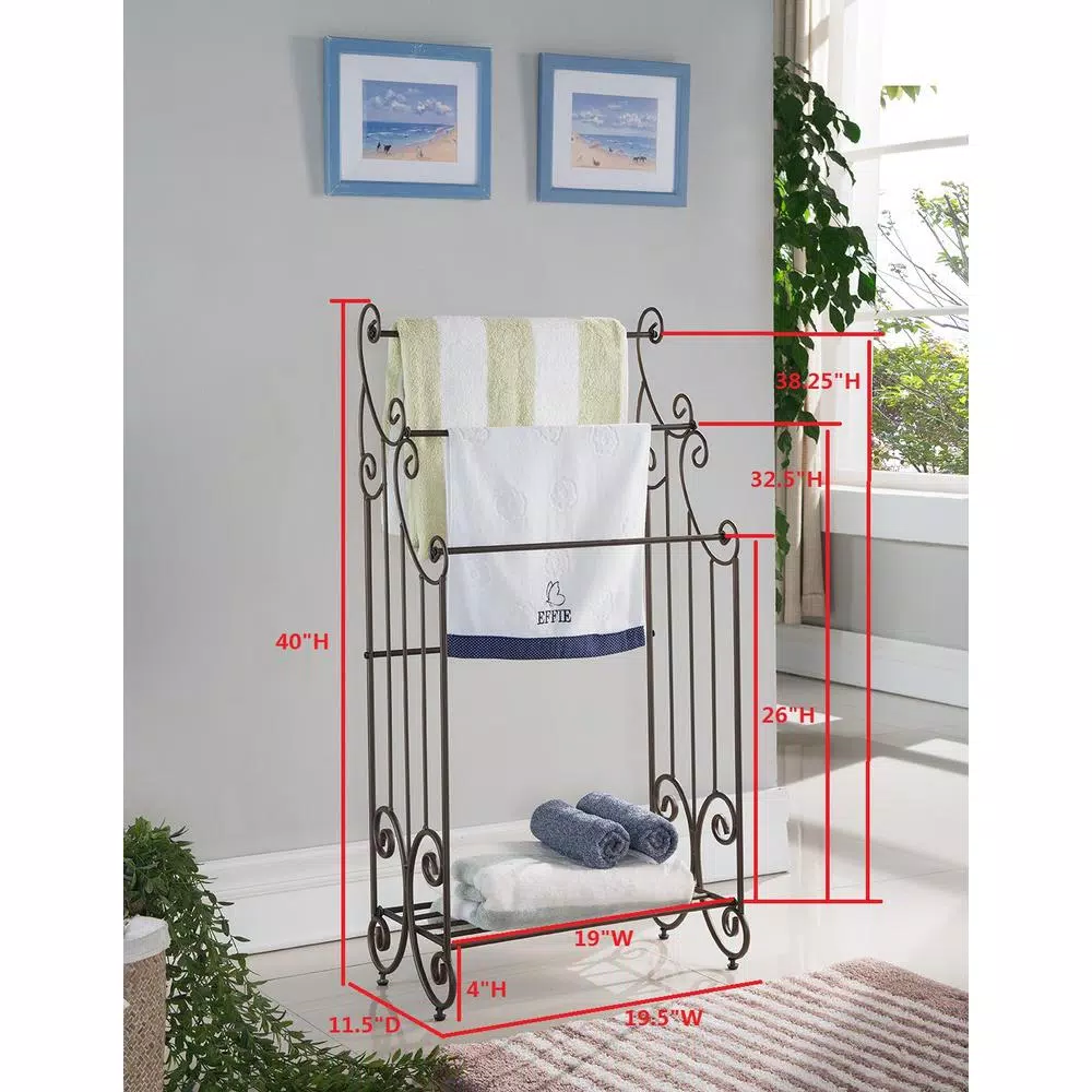 Kings Brand Furniture Classic Bronze Freestanding 3-Bar Towel Rack with Storage Shelf