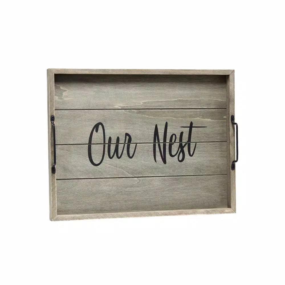 Elegant Designs Our Nest Rustic Gray Wooden Decorative Serving Tray with Black Metal Handles