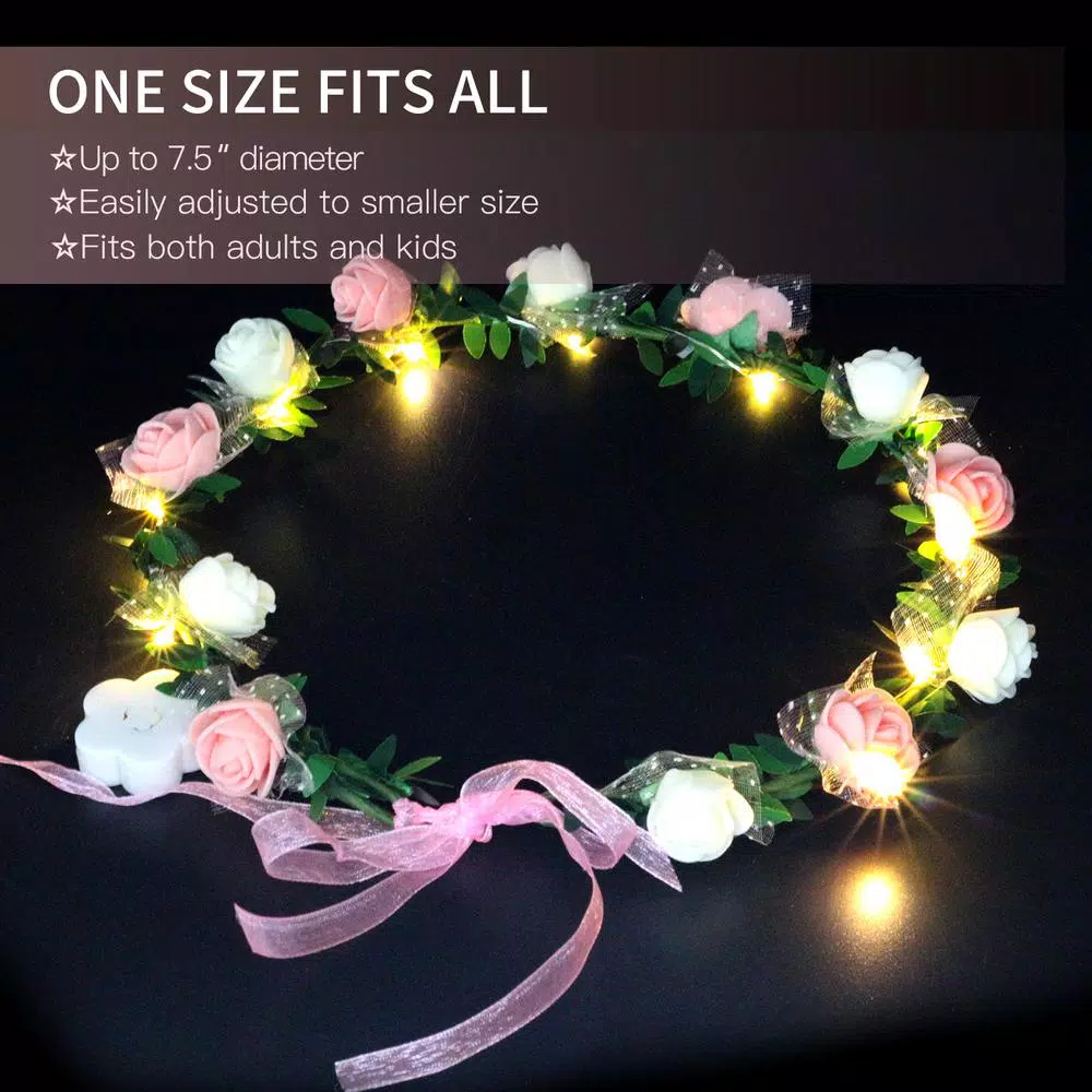Novelty Place 4-Pack LED Floral Flower Headbands - Pink Light Up Flower Crowns for Adults and Kids