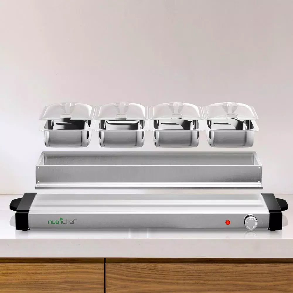 NutriChef 4-Pan Stainless Steel Electric Buffet Server Food Warming Tray Station