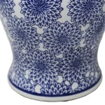 Benjara Blue and White Ceramic Temple Jar with Dahlia Flower Design and Gold Accents thumbnail 3