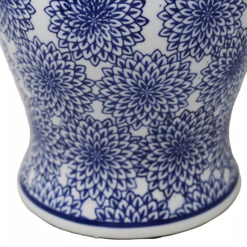 Benjara Blue and White Ceramic Temple Jar with Dahlia Flower Design and Gold Accents