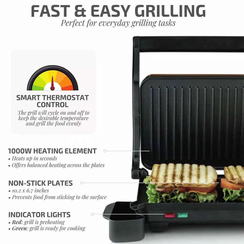 Ovente 1000W Copper Electric Panini Press Grill, 2-Slice Sandwich Maker with Drip Tray