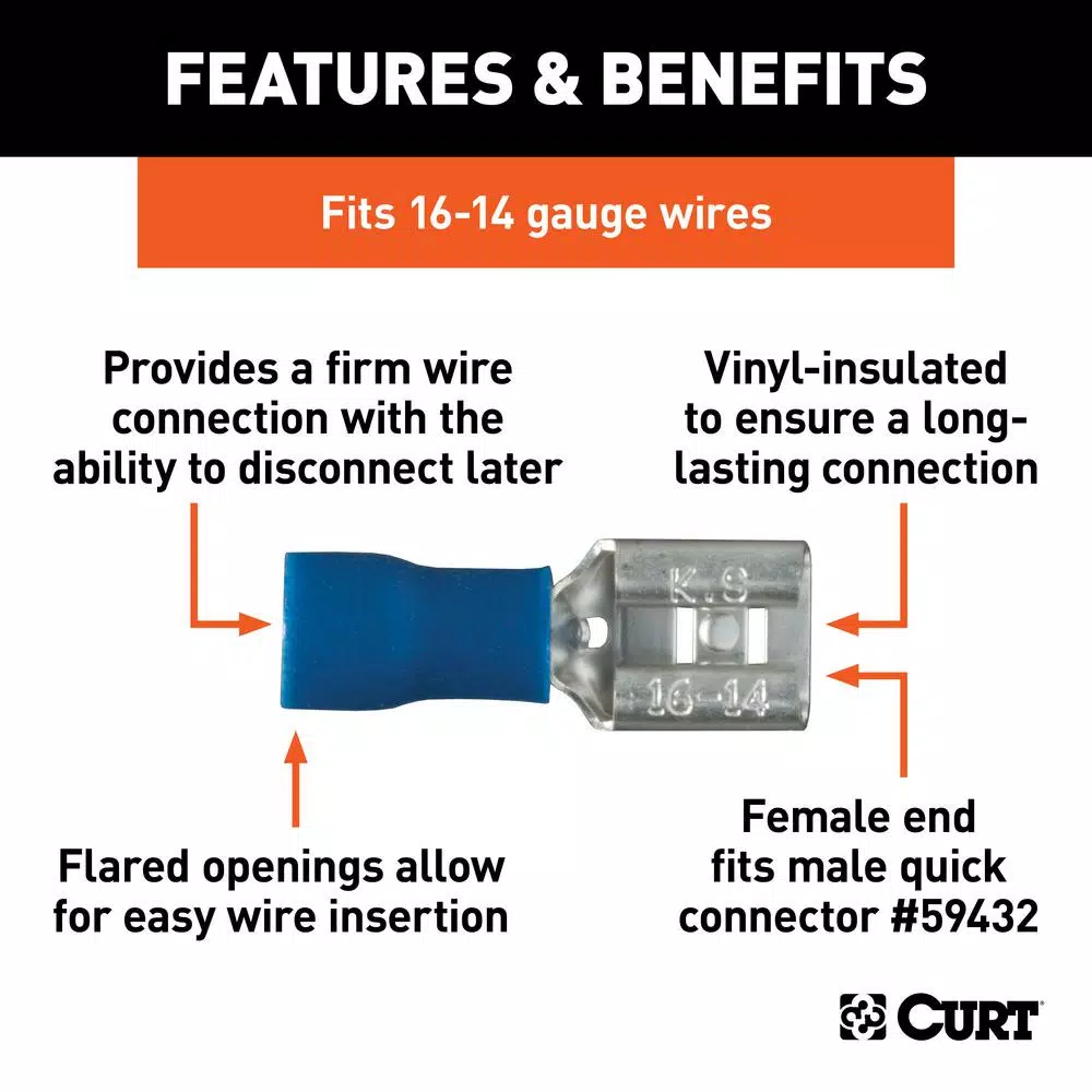CURT Female Quick Connectors, 16-14 Gauge Wire, Blue, 100-Pack