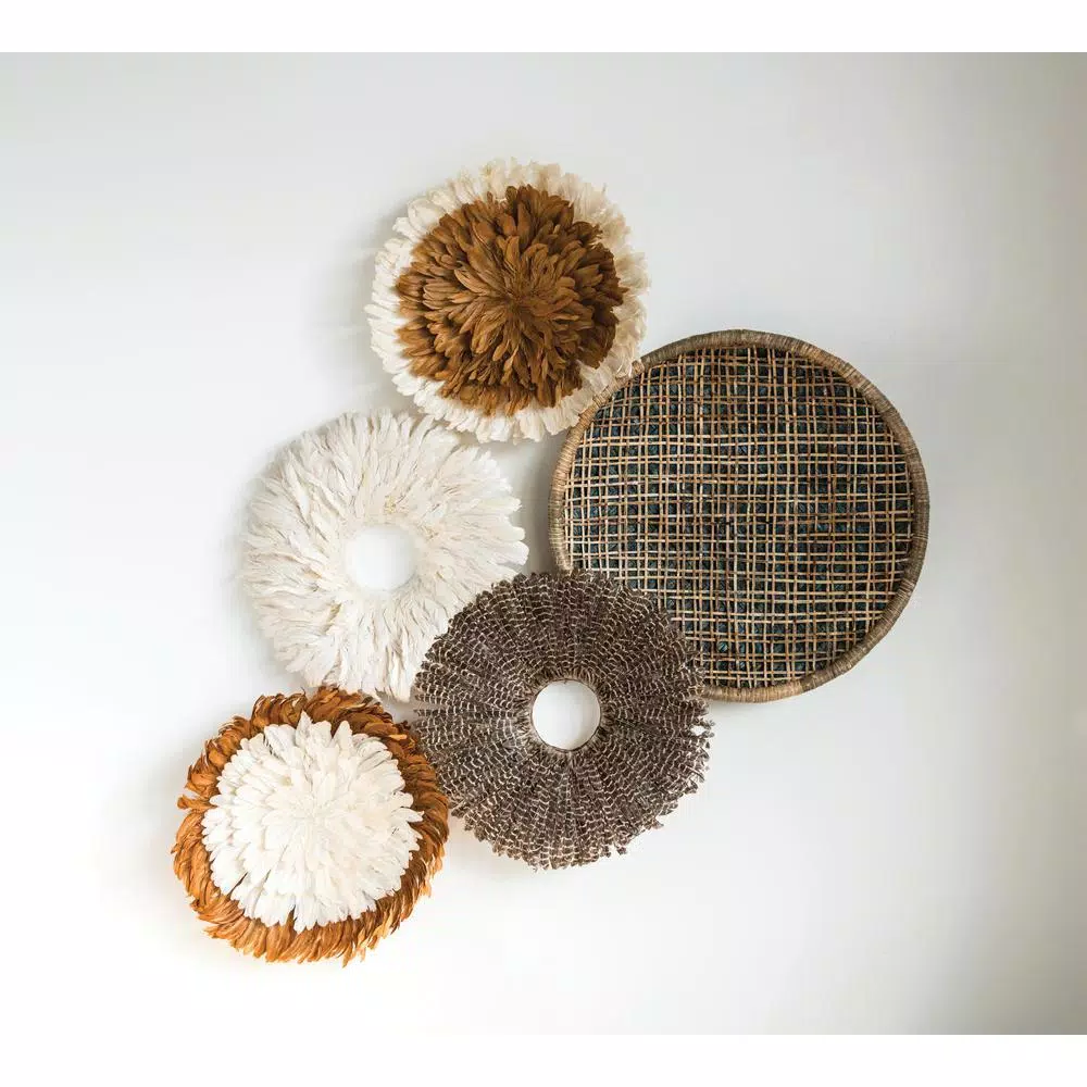 3R Studios Handwoven Beige and Green Rattan Wall Decor - Coastal Tropical Style Wall Hanging