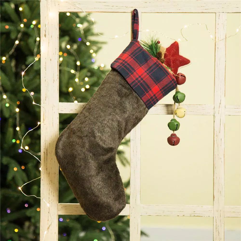 Glitzhome 19 in. Plush Christmas Stocking with Red and Green Plaid Cuff