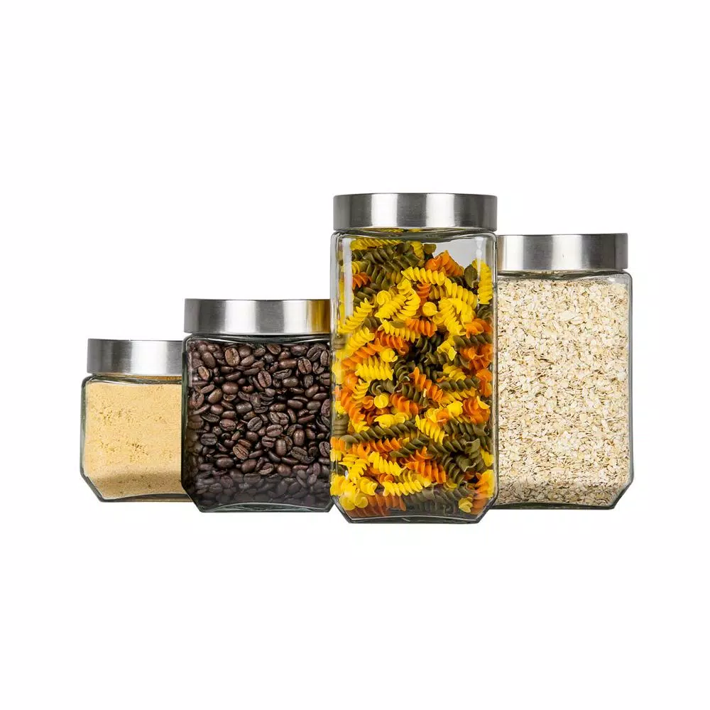 Unbranded 4-Piece Glass Canister Set with Brushed Stainless Steel Lids