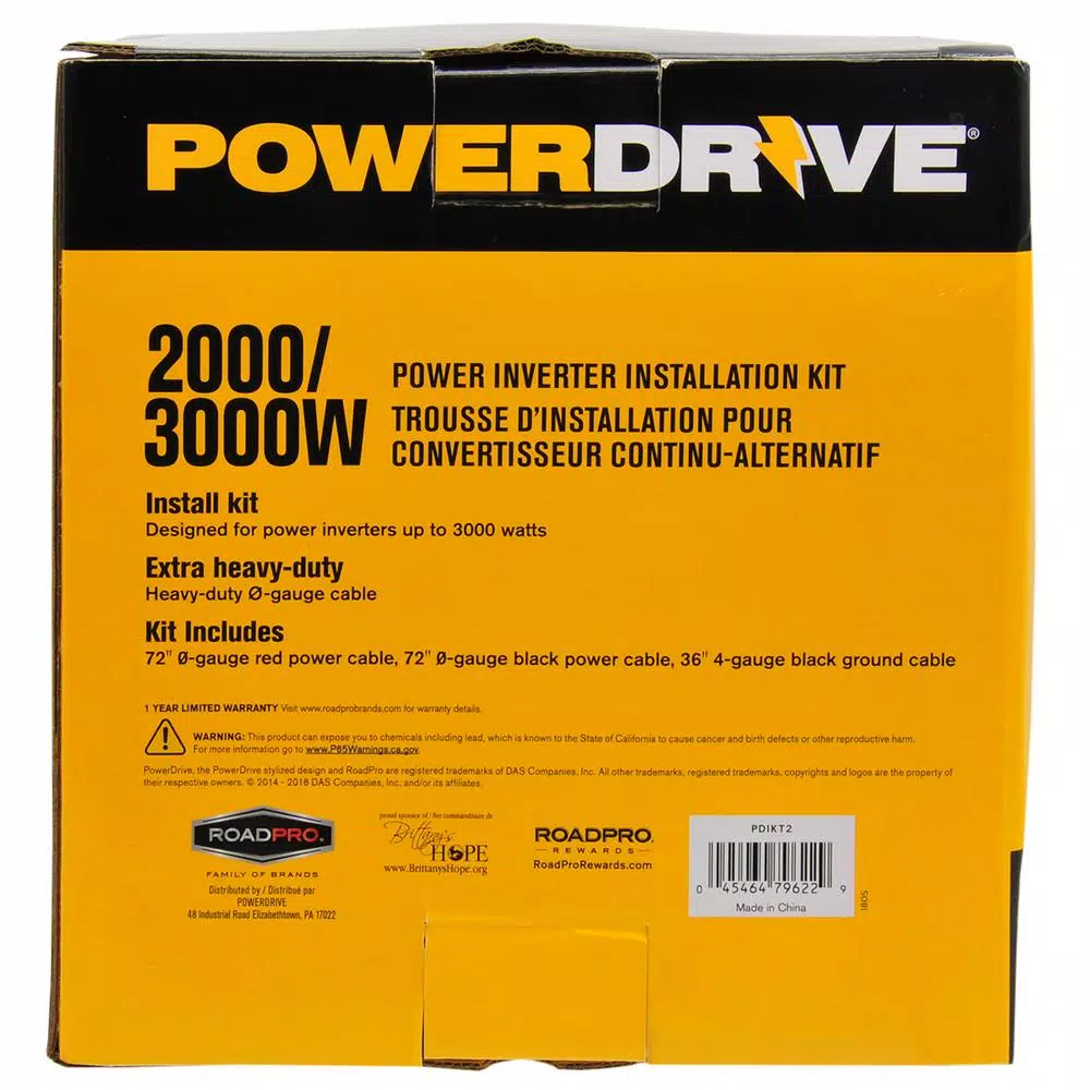 PowerDrive Heavy-Duty 3000-Watt Power Inverter Installation Kit - 0-Gauge Copper Battery Cable Set