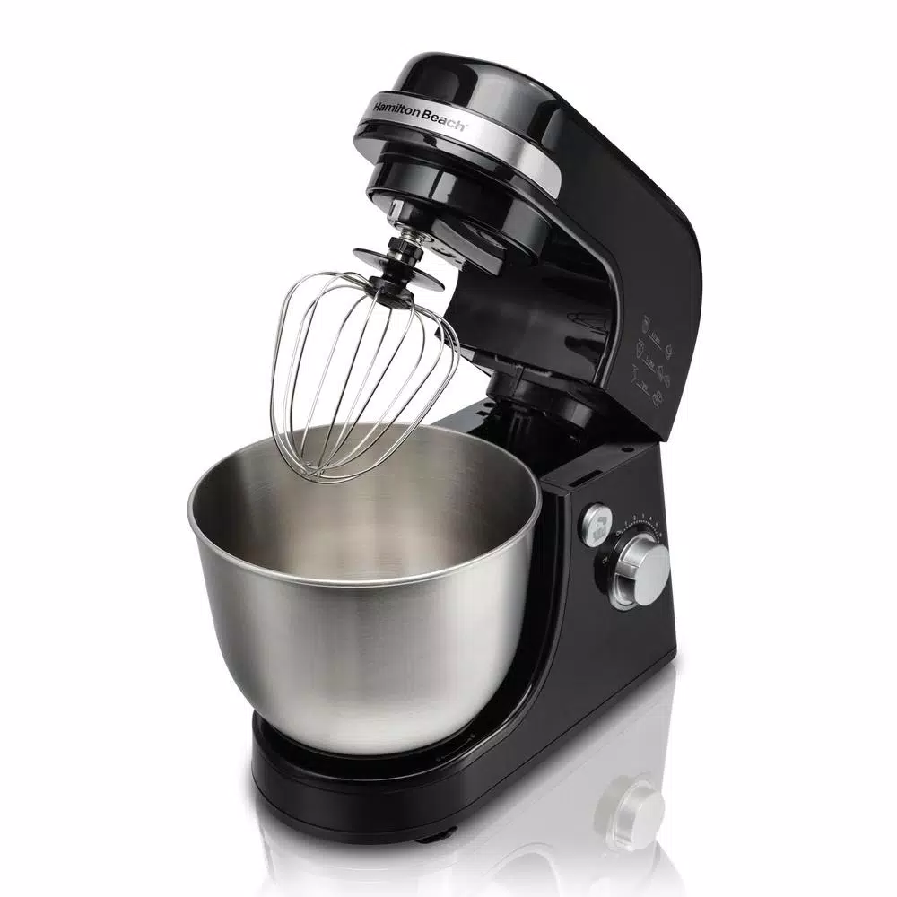Hamilton Beach 4 Qt. 7-Speed Stand Mixer with Stainless Steel Bowl and 3 Attachments, Black