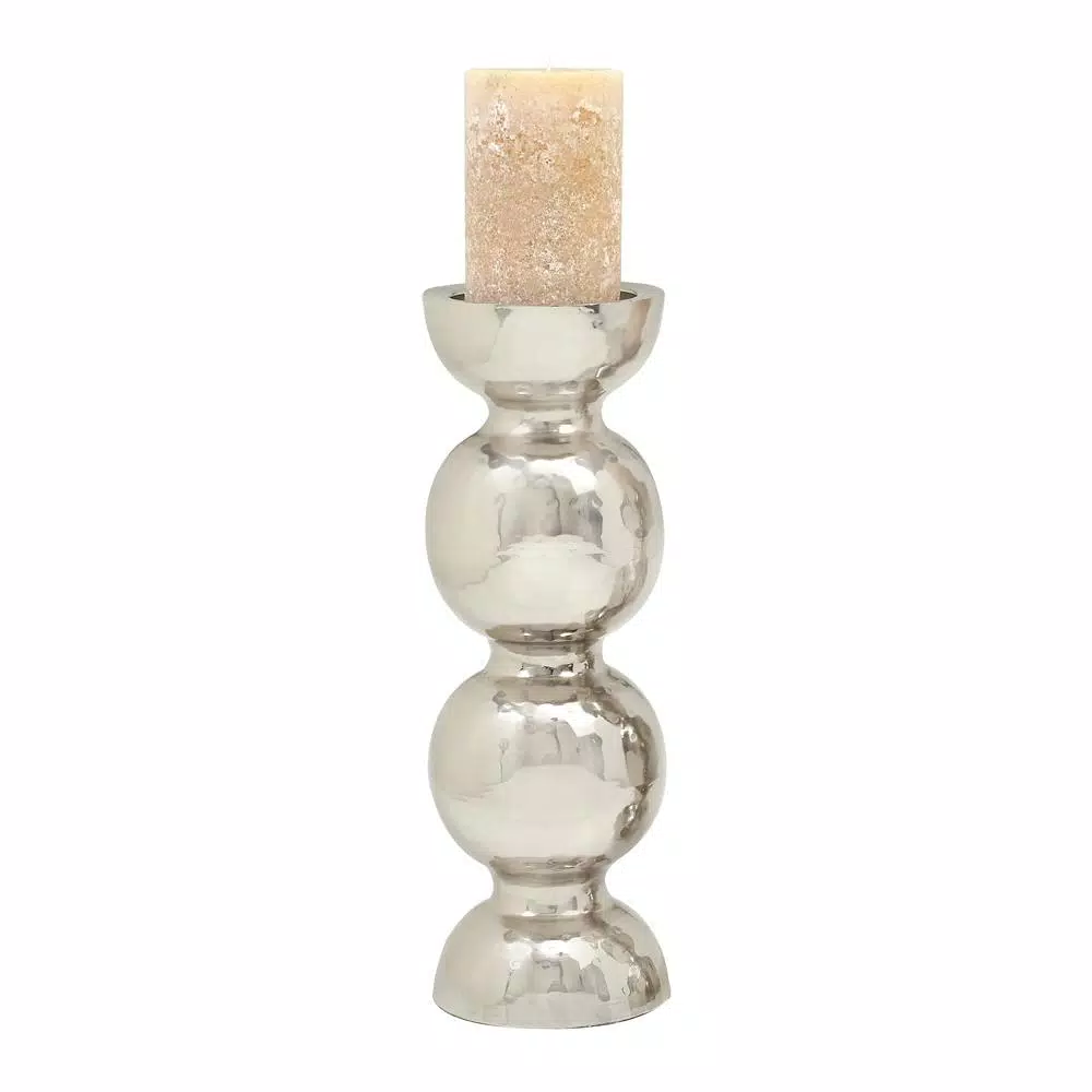 LITTON LANE 18 in. x 6 in. Classic Iron Candle Holder with Spherical Orb Accent, Polished Silver Finish