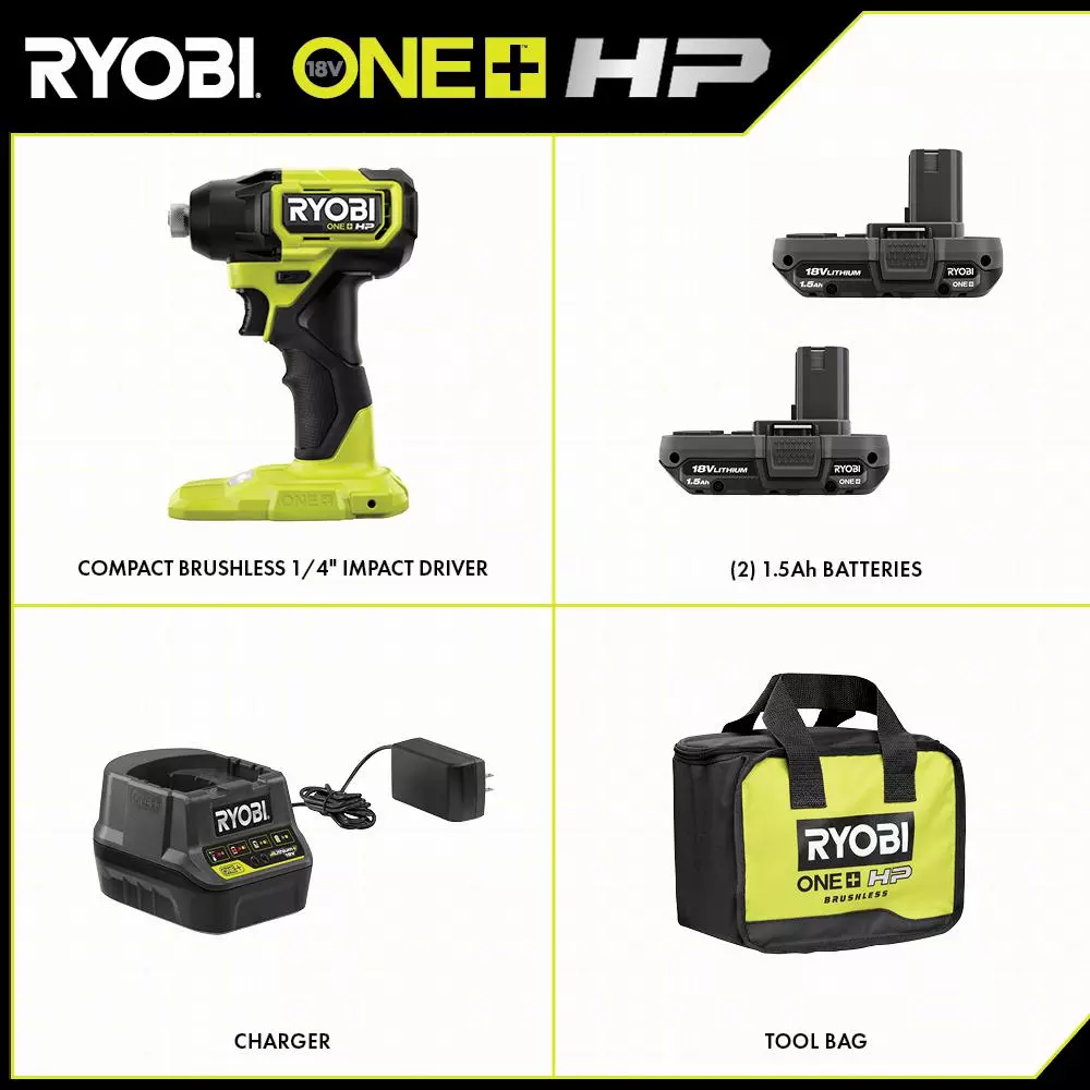 RYOBI ONE+ HP 18V Brushless 1/4 in. Compact Impact Driver Kit with (2) 1.5 Ah Batteries, Charger, and Bag
