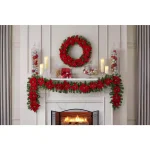 Home Accents Holiday 9 ft. Berry Bliss Pre-Lit LED Artificial Christmas Garland with Red Poinsettias thumbnail 2