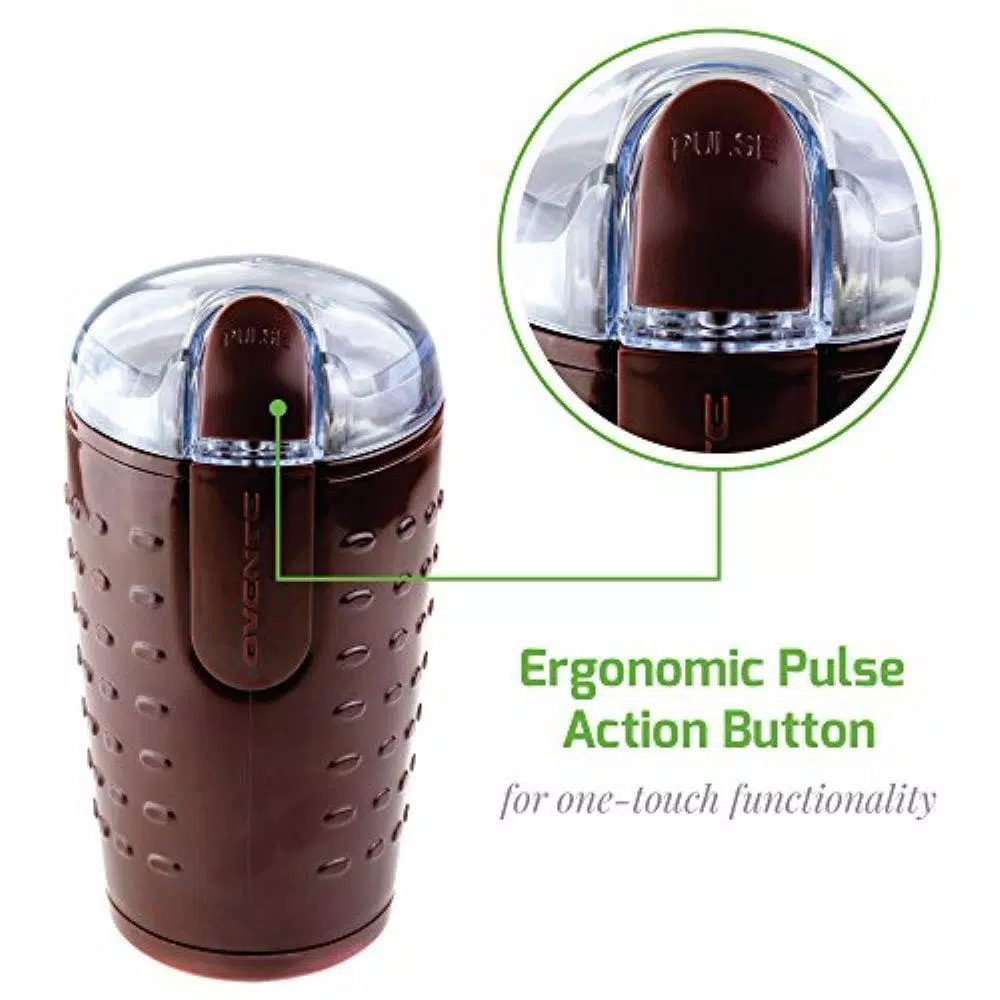 Ovente 2.5 oz. Electric Coffee Grinder with Stainless Steel Blades and Transparent Lid, Brown