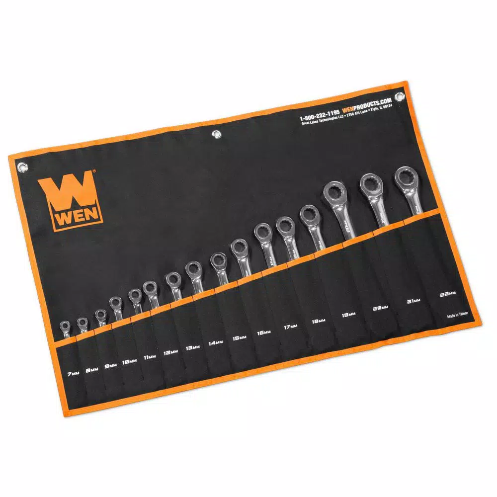 WEN 16-Piece Metric Ratcheting Combination Wrench Set with Storage Pouch