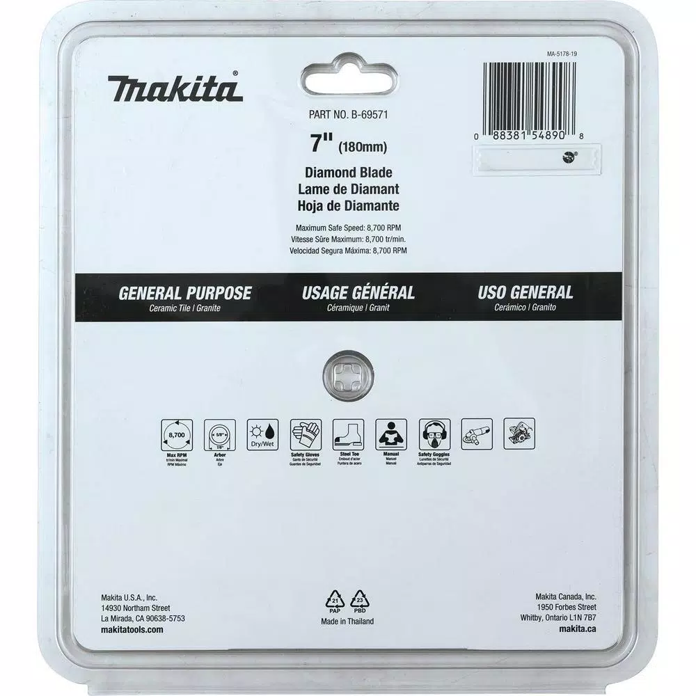 Makita 7 in. Continuous Rim Diamond Blade for Porcelain, Stone, and Tile