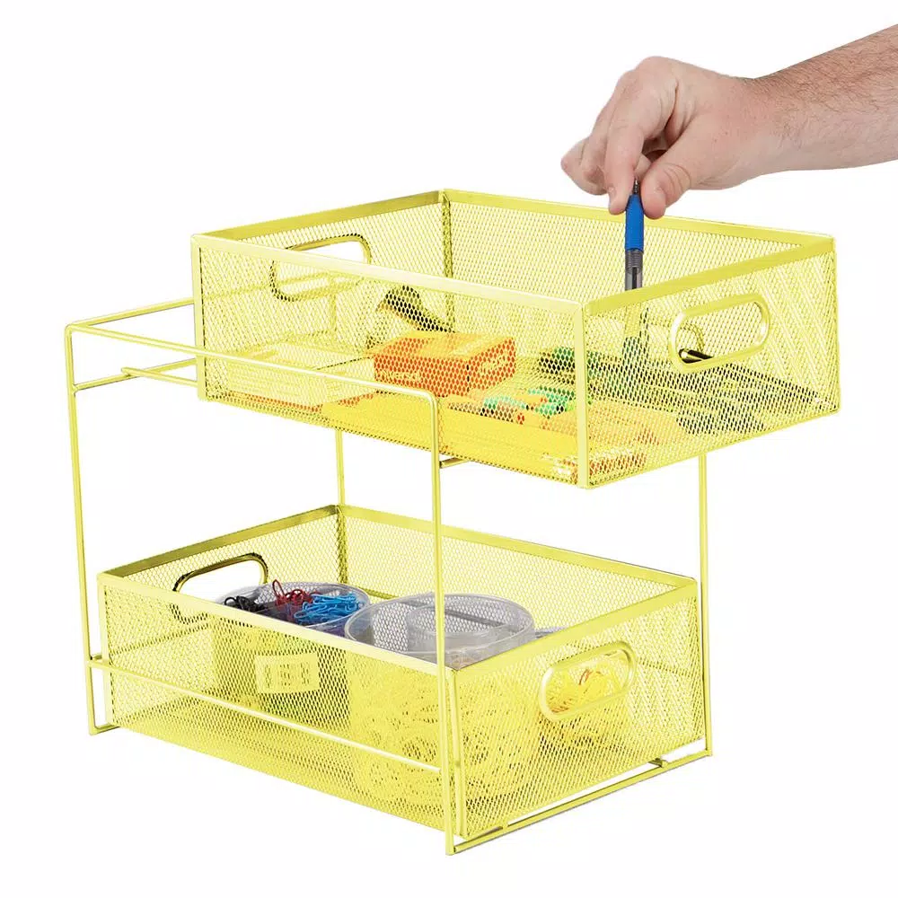 MIND READER Modern Yellow Metal Mesh 2-Tier Utensil Caddy and Flatware Organizer