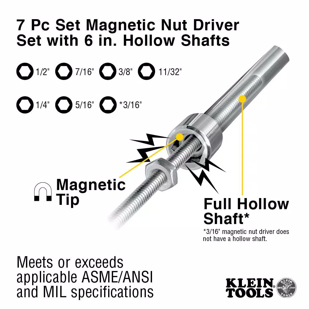 Klein Tools 7-Piece Magnetic Nut Driver Set with 6 in. Hollow Shafts and Cushion-Grip Handles