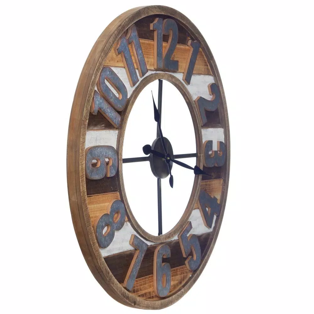 Pinnacle 33 in. Rustic Reclaimed Wood and Metal Round Wall Clock - Farmhouse Style
