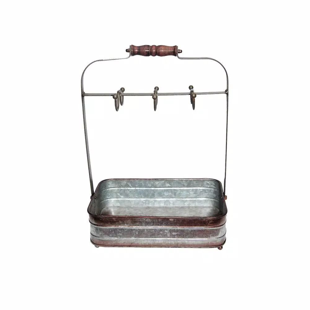 Benzara Rustic Galvanized Metal 6-Hook Crockery Holder with Wooden Handle