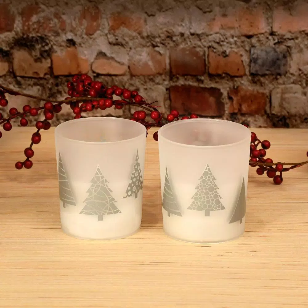 LUMABASE Christmas Trees Silver LED Battery Operated Glass Candles, Set of 2