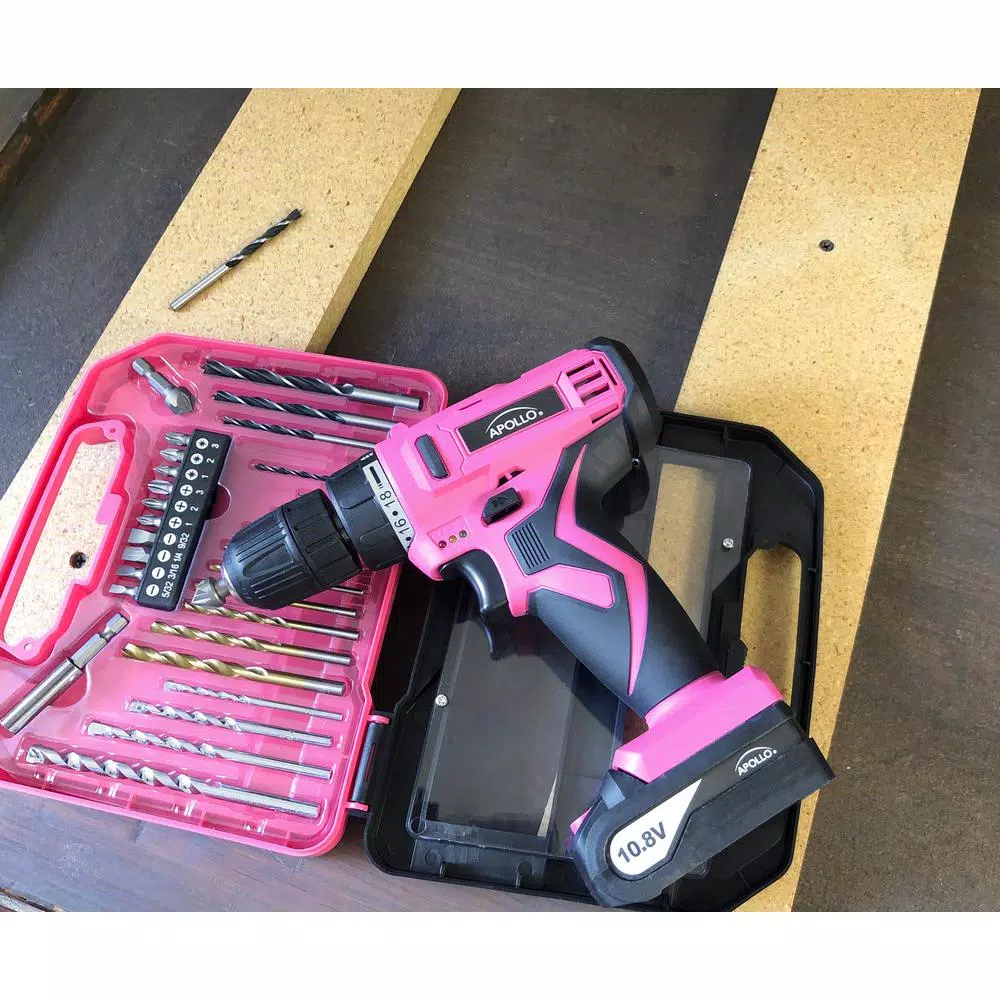 Apollo 10.8V Cordless Drill Driver Kit with 30-Piece Accessory Set, Pink