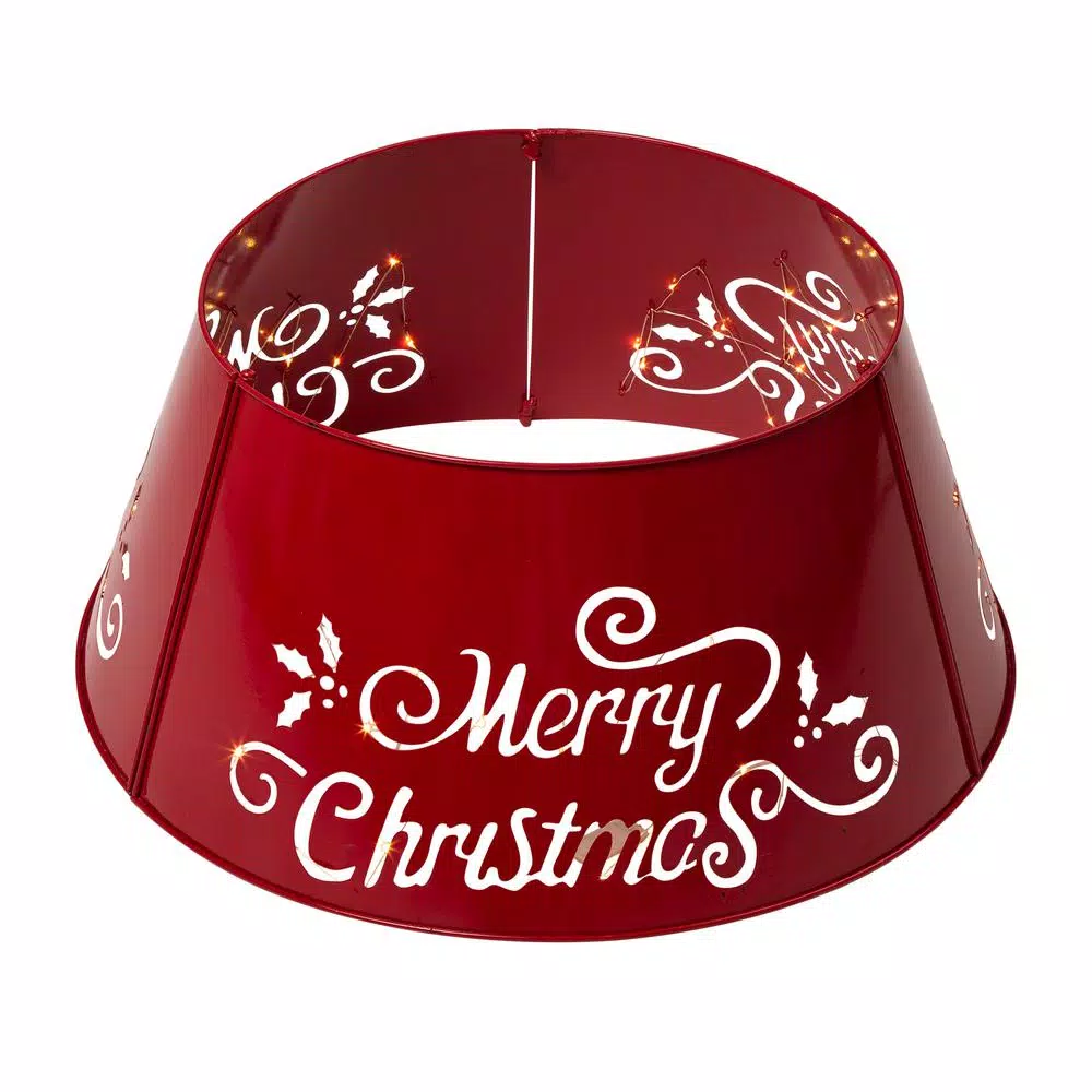 Glitzhome 26 in. Red Metal Merry Christmas Diecut Tree Collar with Light String
