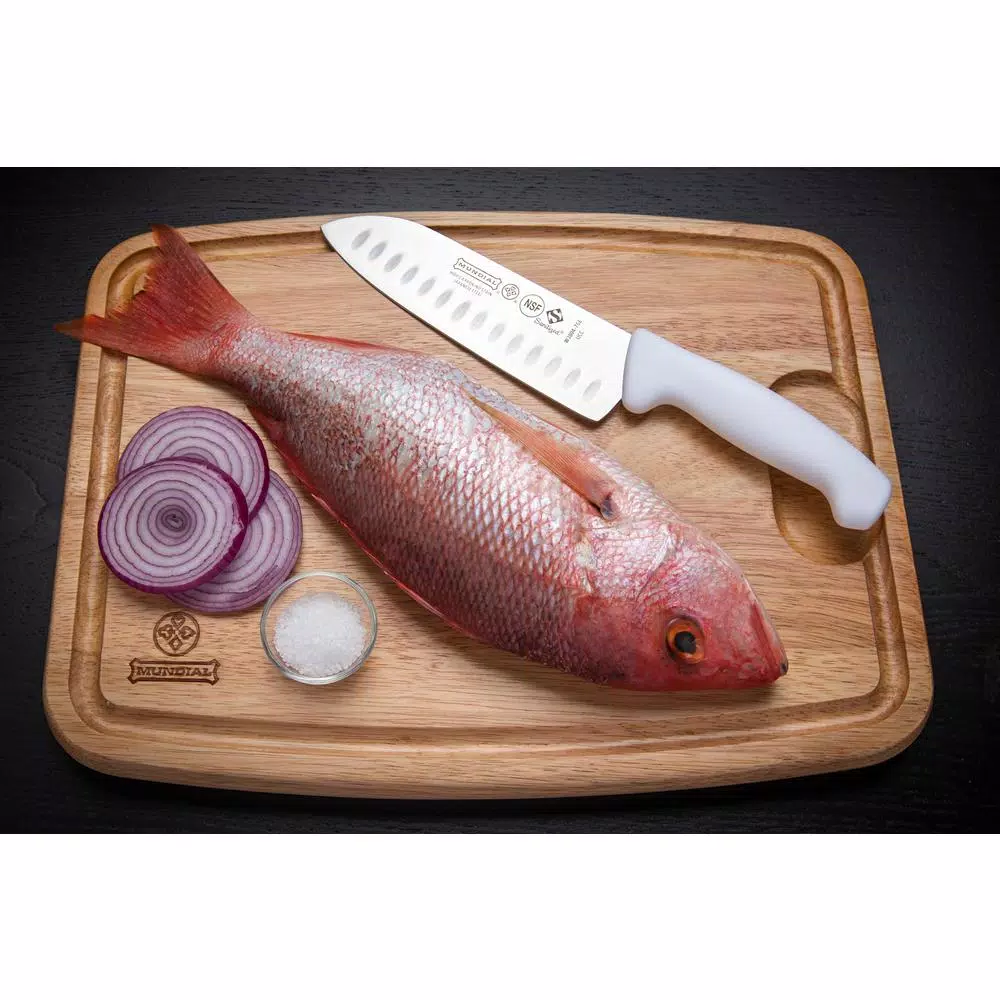 Mundial 3800 Series 7 in. Santoku Knife with Hollow Edge and Antimicrobial White Handle