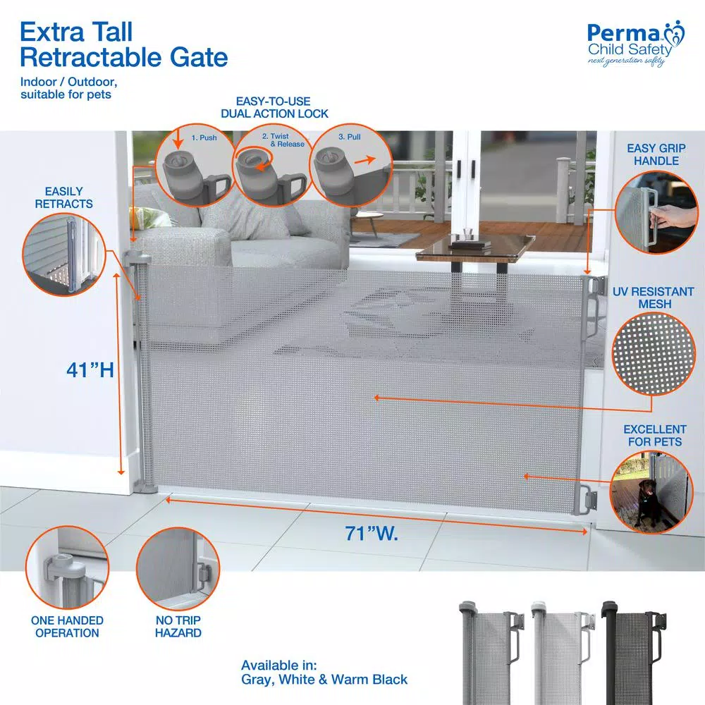 Perma Child Safety Extra Tall & Extra Wide Outdoor Retractable Gate, 41 in. H x 71 in. W, Gray