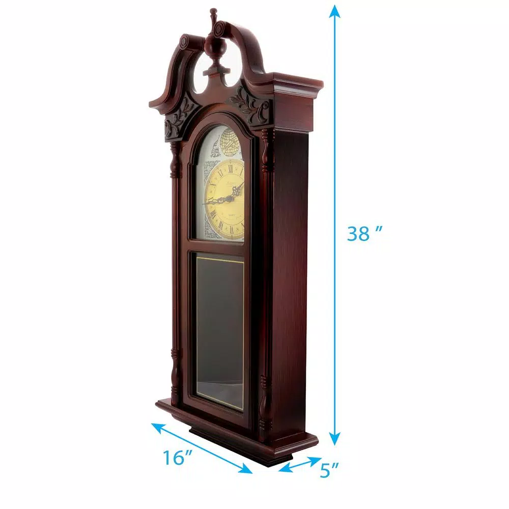 Bedford Clock Collection 38 in. Grand Antique Cherry Oak Chiming Pendulum Wall Clock with 4 Chime Melodies