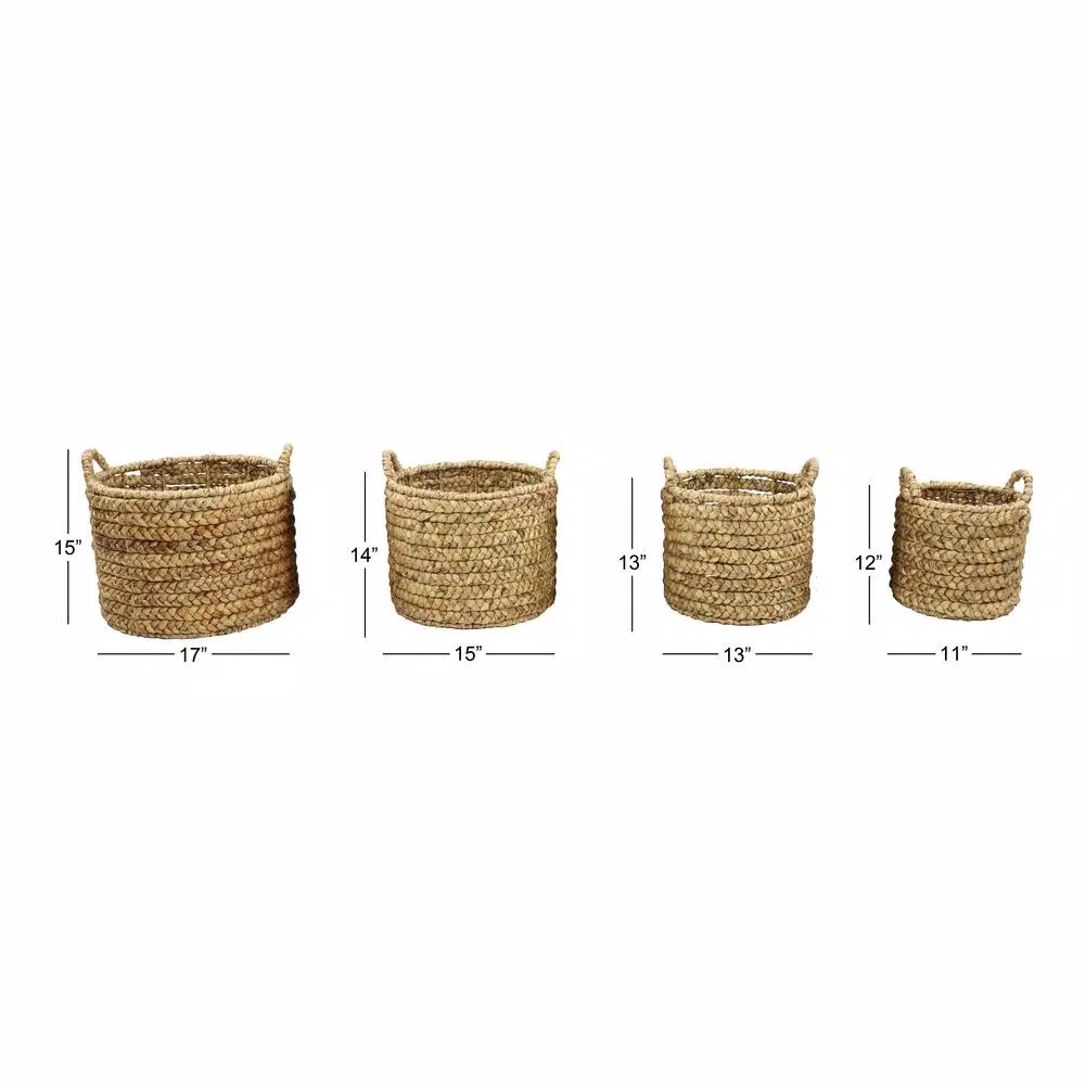 LITTON LANE Round Water Hyacinth and Metal Storage Wicker Baskets, Set of 4