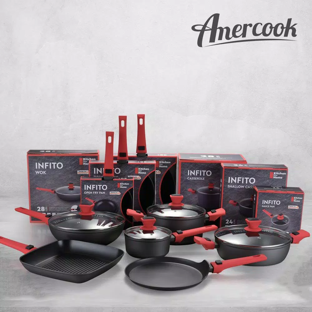 AMERCOOK 11 in. Aluminum Nonstick Wok with Lid and Detachable Handle, Scratch-Resistant Greblon C2+ Coating