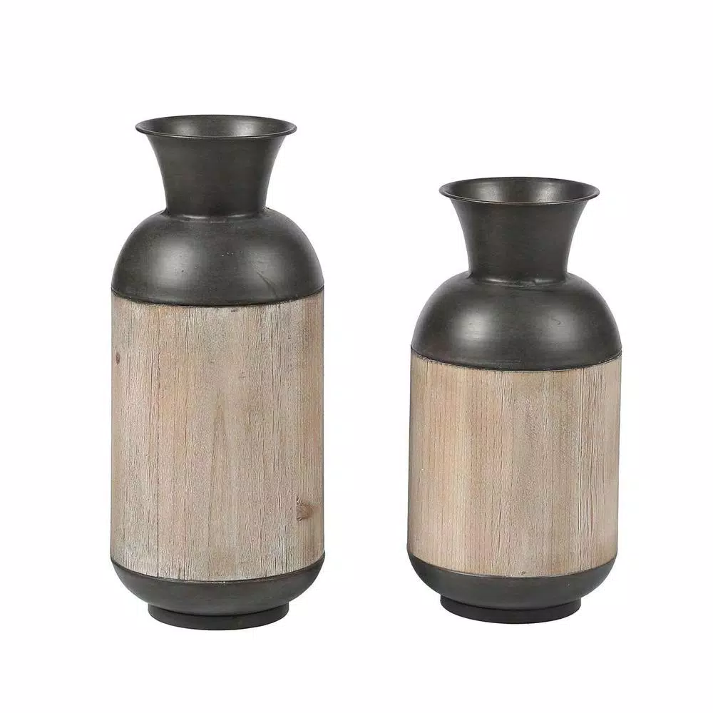 Winsome House 2-Piece Handcrafted Iron and Wood Vase Set, Rustic Dark Brown and Natural Wood Table Vases