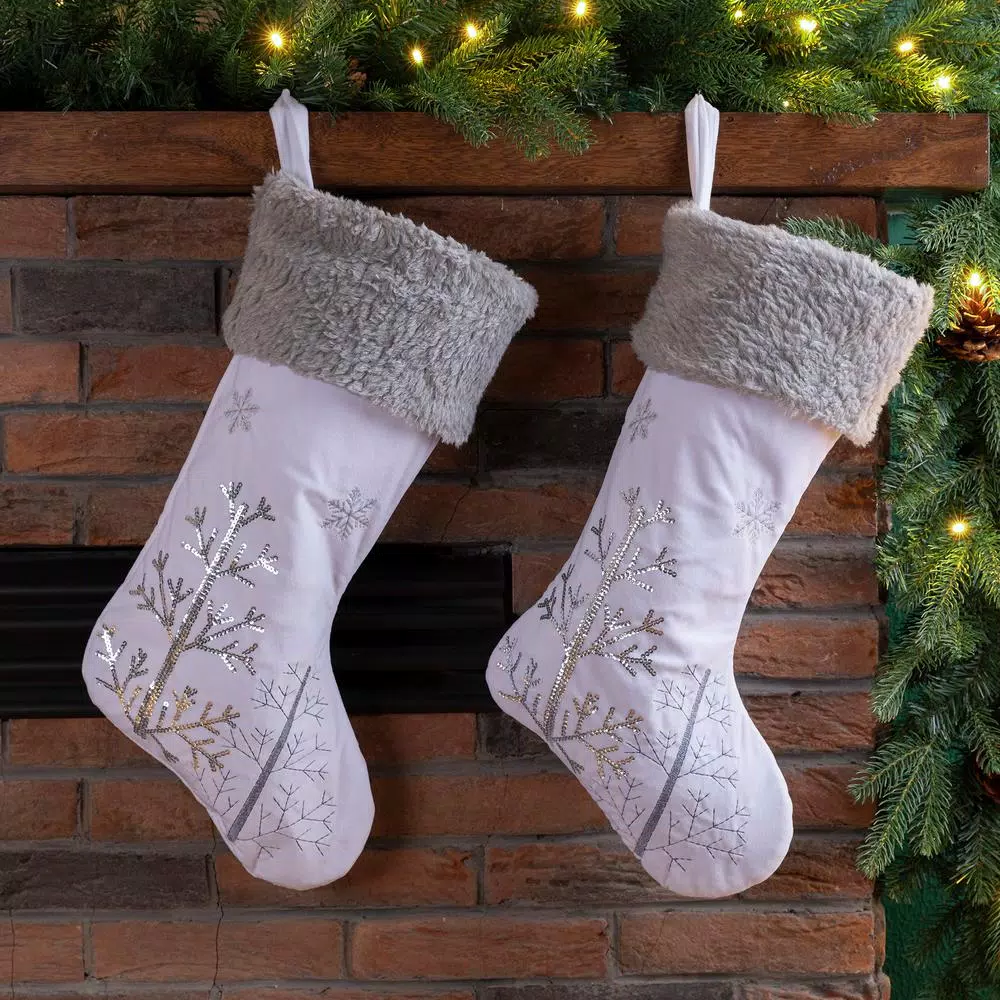 Glitzhome 21 in. White Faux Fur Christmas Stockings with Silver Sequins and Embroidery (2-Pack)