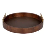 Kate and Laurel Lipton 18 in. Round Walnut Brown Decorative Wood Tray with Metal Handles thumbnail 2