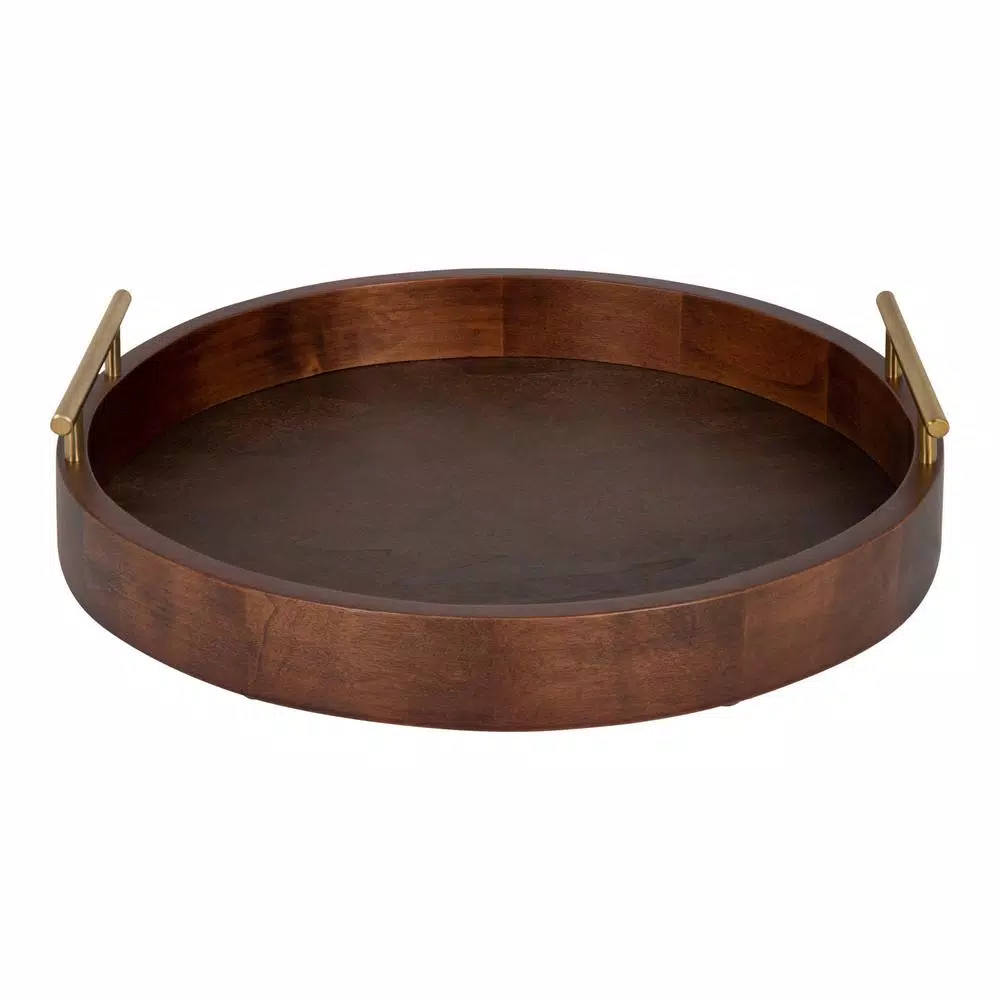 Kate and Laurel Lipton 18 in. Round Walnut Brown Decorative Wood Tray with Metal Handles