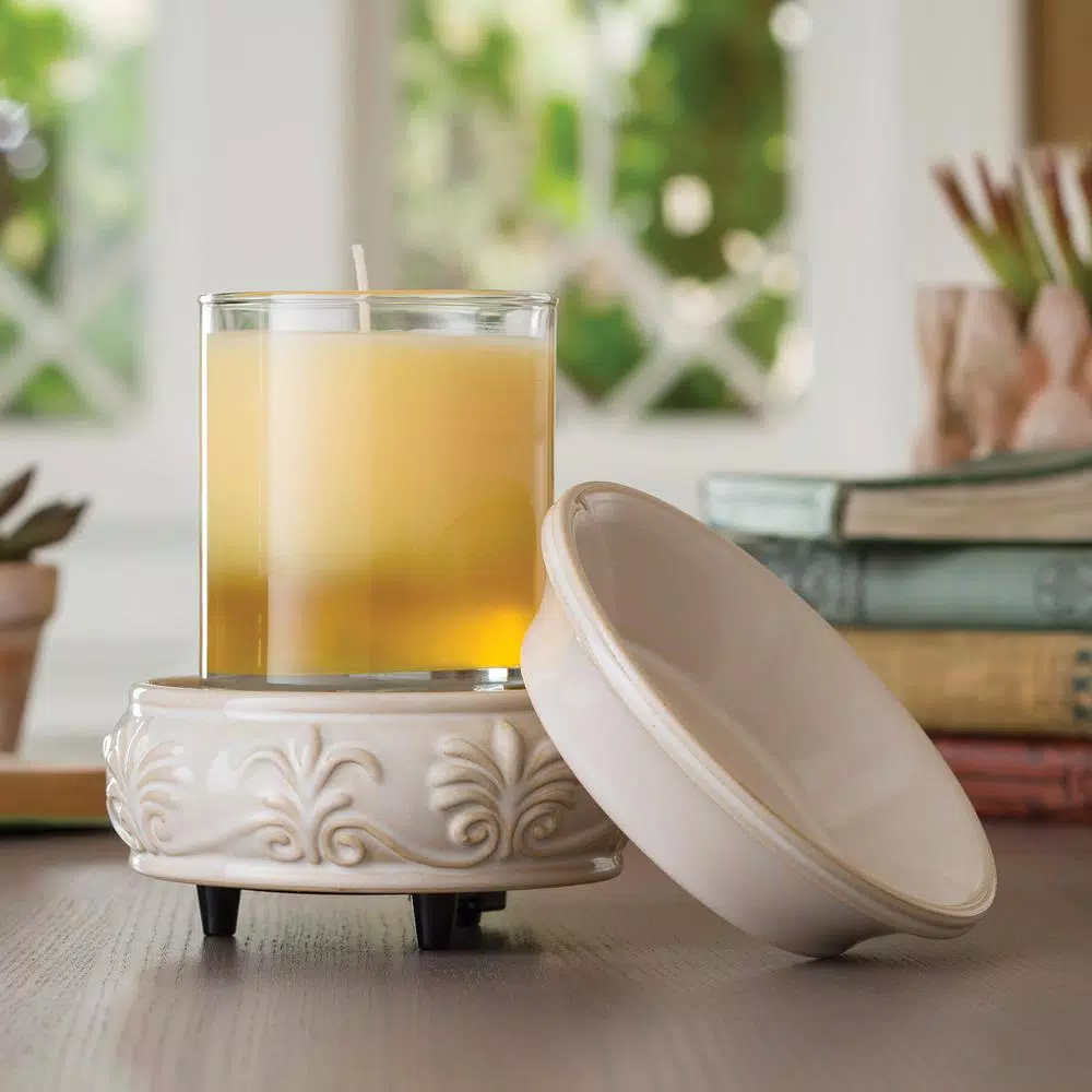 Candle Warmers Etc 5.2 in Sandstone 2-in-1 Classic Fragrance Warmer with Fleur de Lis Pattern
