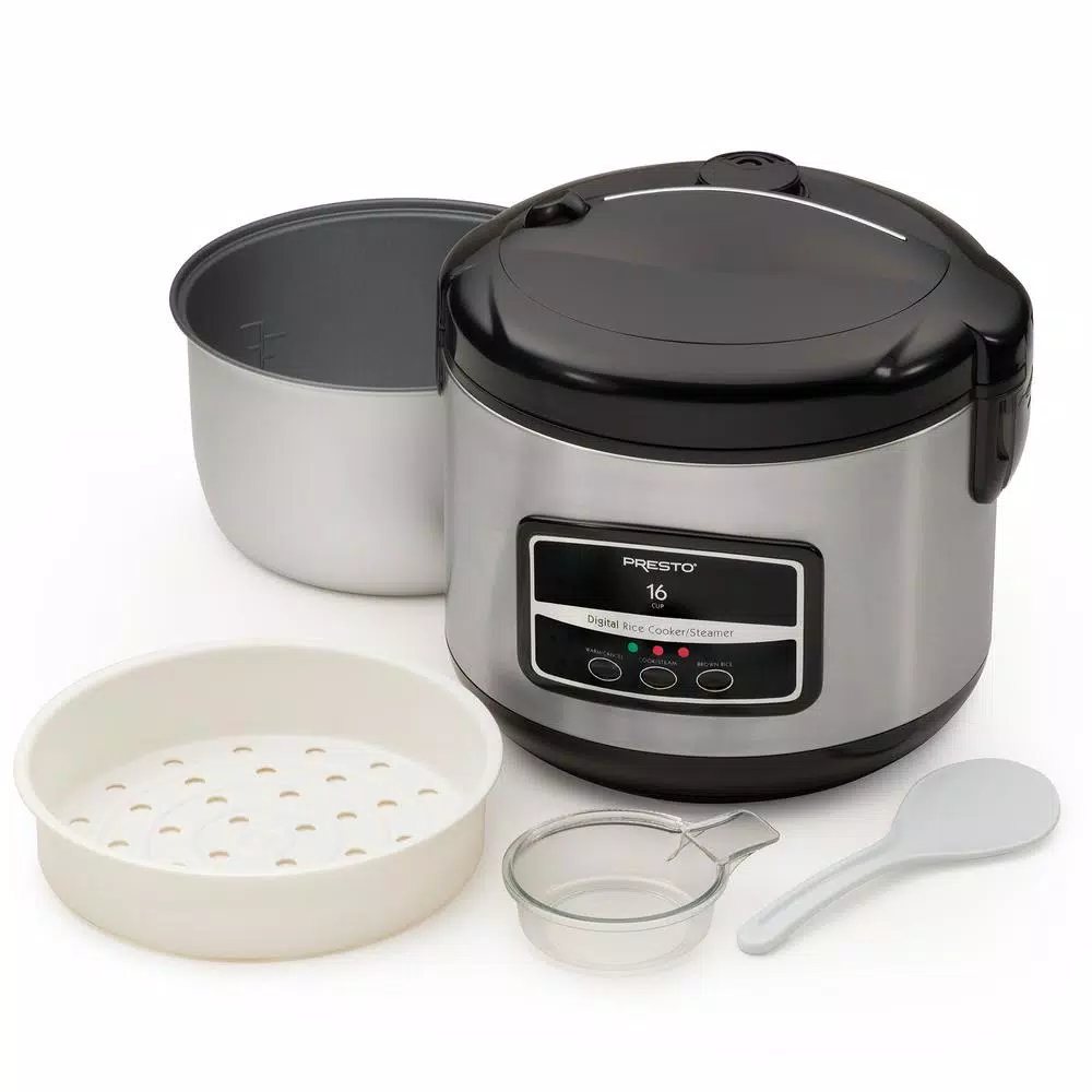 Presto 16-Cup Stainless Steel Rice Cooker with Non-Stick Pot and Steaming Basket