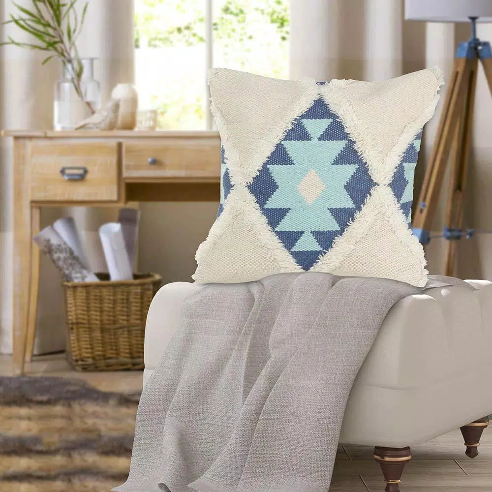 LR Home 20x20 Off White and Blue Tufted Geometric Throw Pillow - Southwestern Winter Paradise