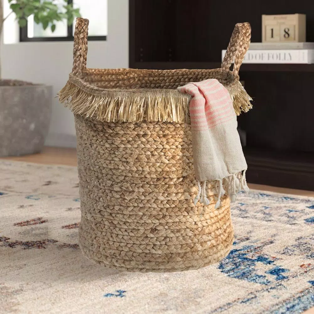 LR Home Claine Braided Jute Decorative Storage Basket with Fringe Rim and Handles