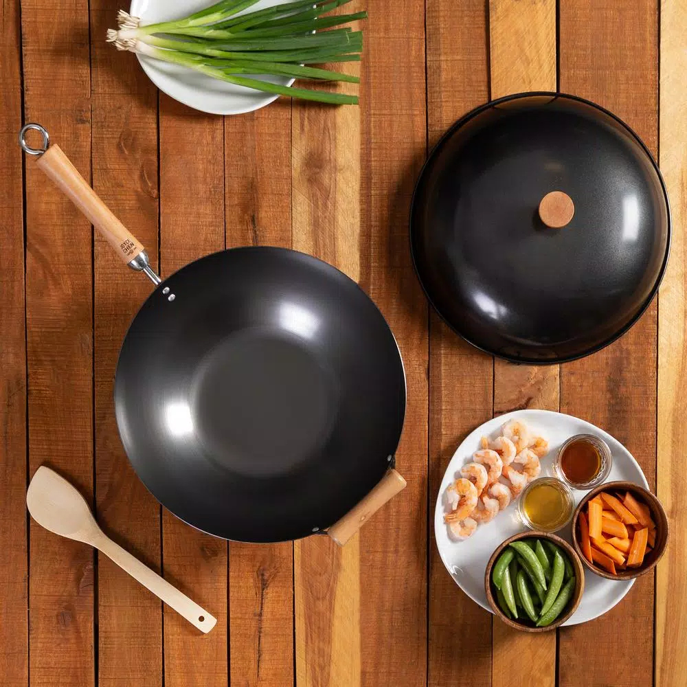 Honey-Can-Do Joyce Chen 4-Piece Carbon Steel Non-Stick Wok Set with High Dome Lid, Bamboo Spatula, and Recipe Booklet