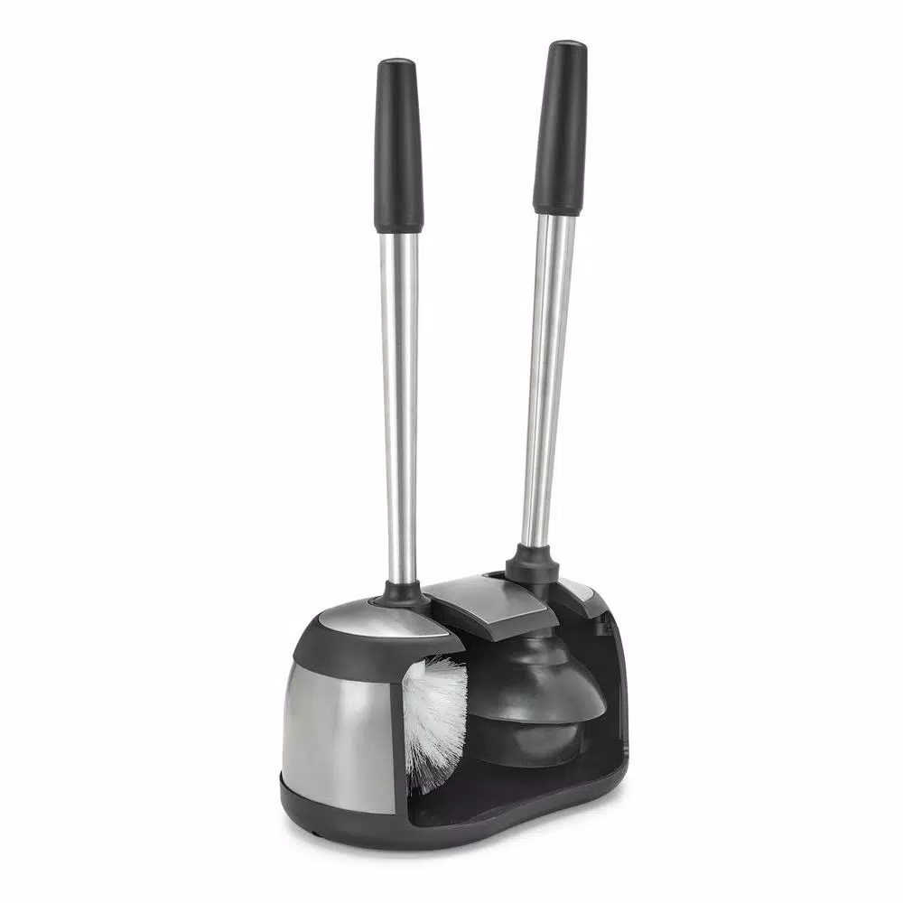 Polder Dual Bath Caddy Toilet Brush and Plunger Set with Stainless Steel Handles - Black