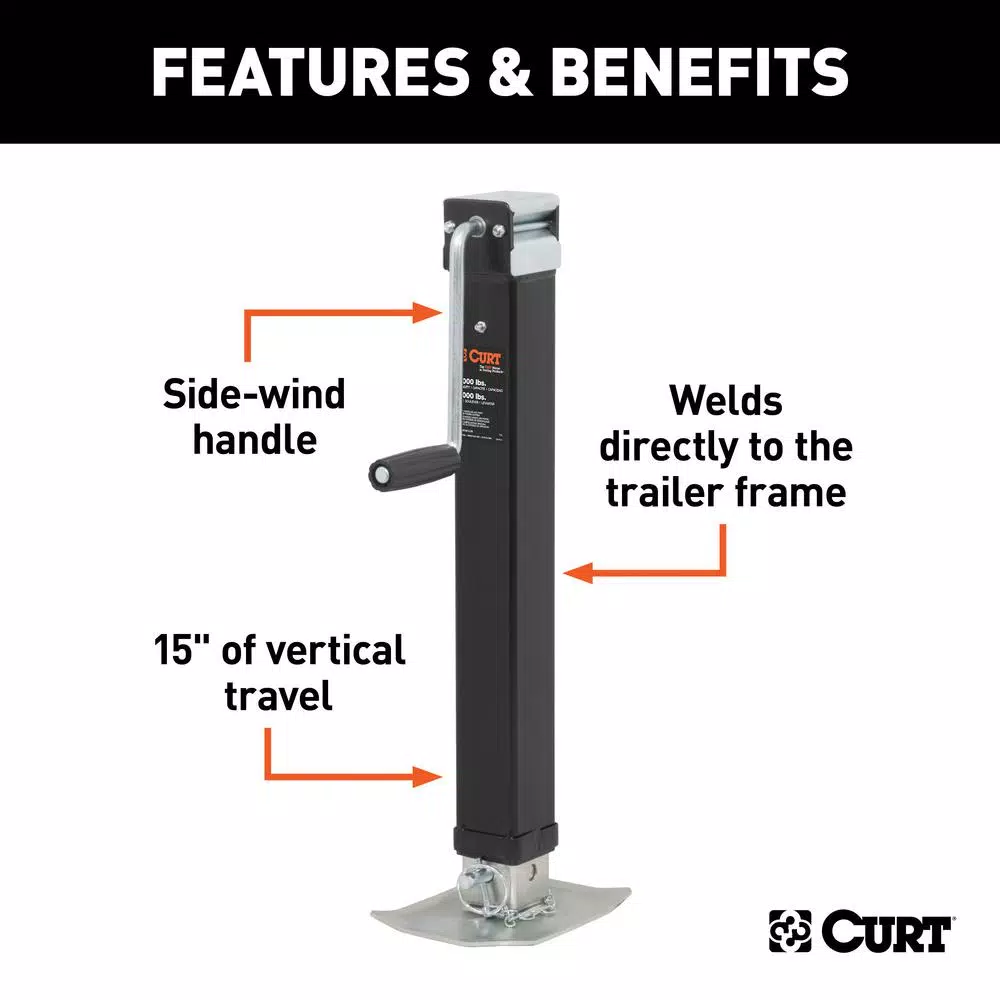 CURT Direct-Weld Square Trailer Jack with Side Handle, 8,000 lbs. Support, 15 in. Travel