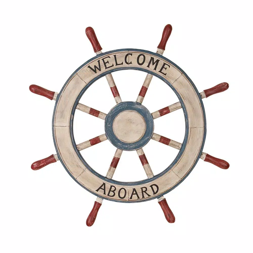 LITTON LANE 23 in. Nautical Welcome Aboard Wooden Ship Wheel Wall Decor