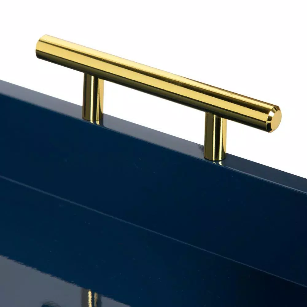 Kate and Laurel Lipton 18 in. Navy Blue Hexagon Decorative Tray with Polished Metal Handles