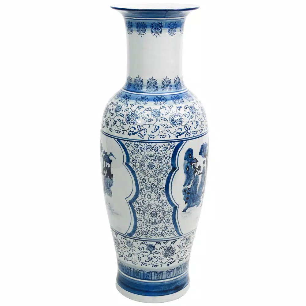 Unbranded Oriental Furniture 35 in. Blue and White Porcelain Tung Chi Floor Vase