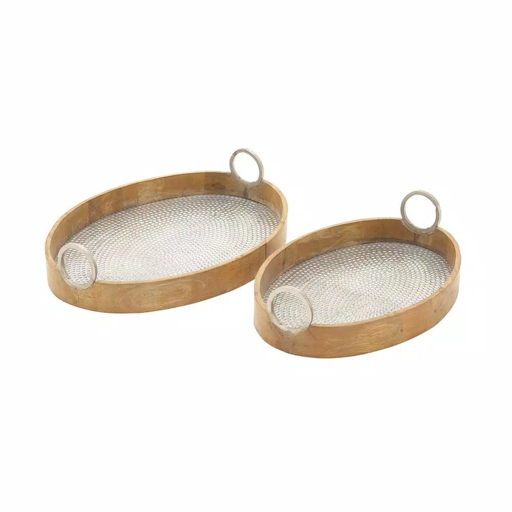 LITTON LANE Rustic Mango Wood and Dimpled Aluminum Oval Tray Set of 2