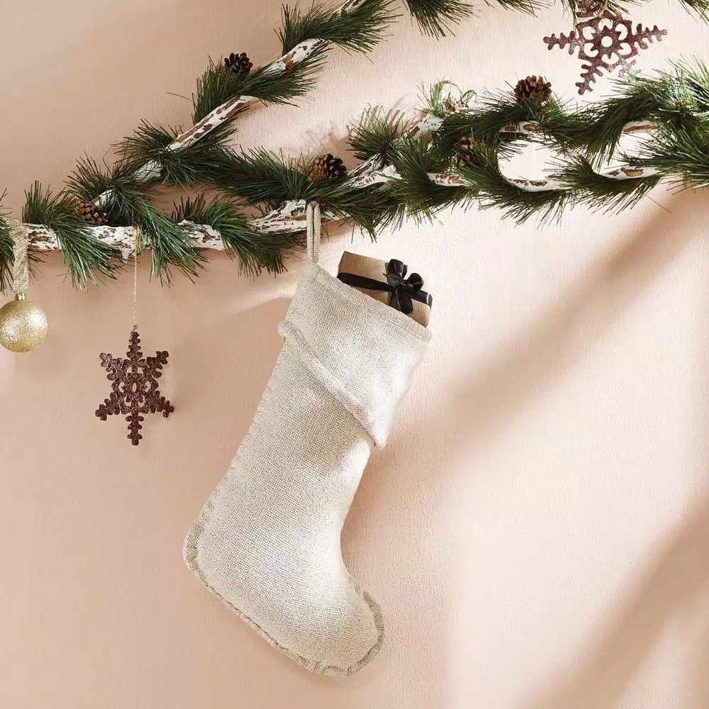 VHC Brands 15 in. Creme Burlap and Silver Metallic Thread Farmhouse Christmas Stocking