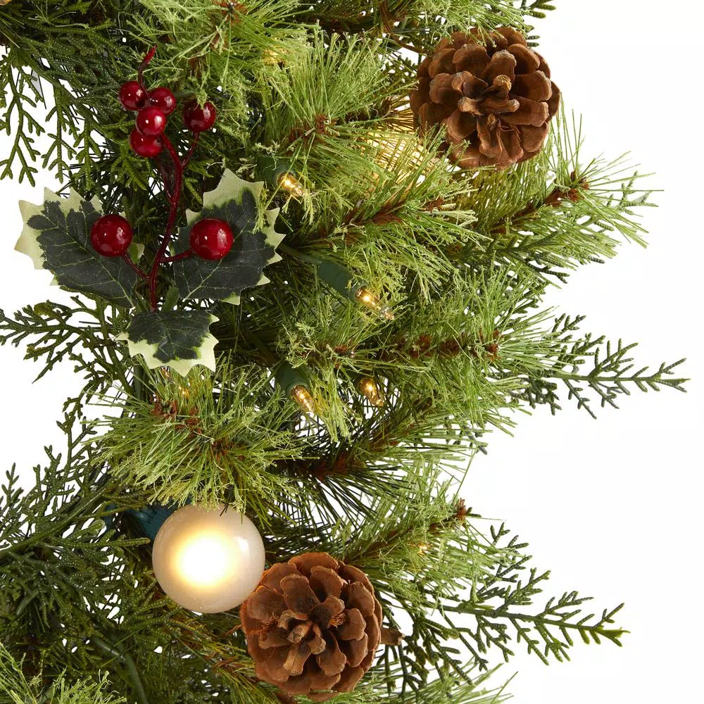 Nearly Natural 24 in. Pre-Lit Artificial Christmas Wreath with 57 Warm White Lights, Globe Bulbs, Berries and Pine Cones