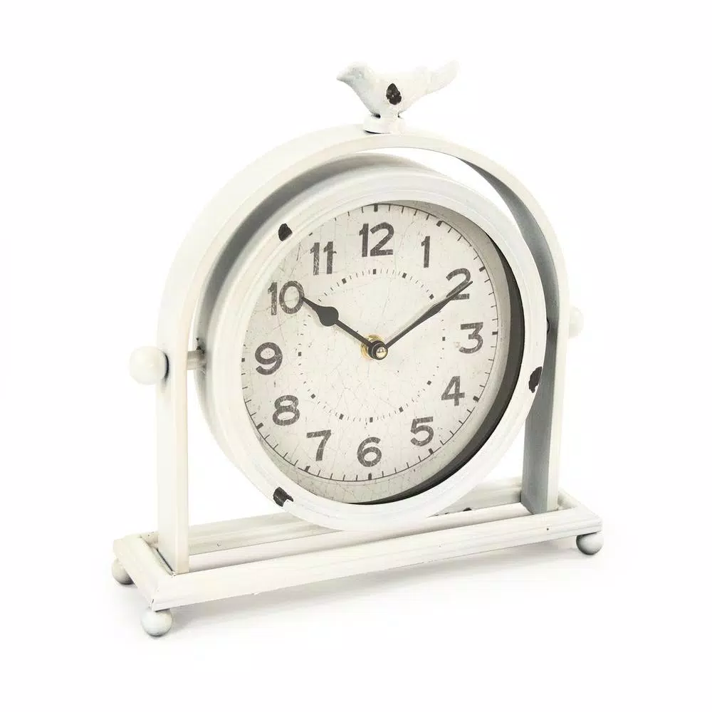 Zentique Vintage White Metal Hinged Bird Table Clock - Distressed Porcelain Style Analog Desk Clock